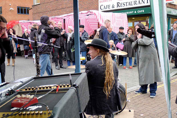 Mrs Mills Experience play the Roman Road Street Market in London's East End as part of Channel 4's Mary Portas TV series, Saturday 10th November 2012
